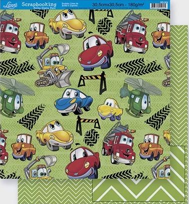 SD-0294 - SCRAP DUPLA FACE - CARROS/ CHEVRON VERDE E BRANCO