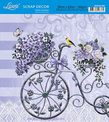 SDSXX-003 - PAPEL PARA SCRAP DECOR - BICICLETA COM CESTA DE FLORES
