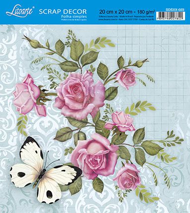 SDSXX-023 - PAPEL PARA SCRAP DECOR - ROSAS E BORBOLETA COM FUNDO VERDE