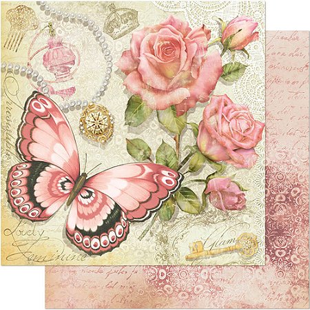 SD-0349 - PAPEL PARA SCRAPBOOK DUPLA FACE - BORBOLETA E ROSAS