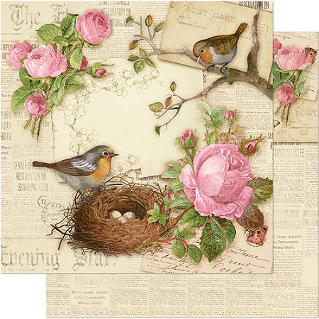SD-0697 - SCRAP DUPLA FACE - ROSAS SILVESTRES,PÁSSAROS,FUNDO JORNAL