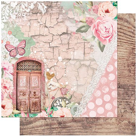 SD-1093 - SCRAP DUPLA FACE - PORTA, RELÓGIO, RENDAS, ROSAS, BORBOLETA