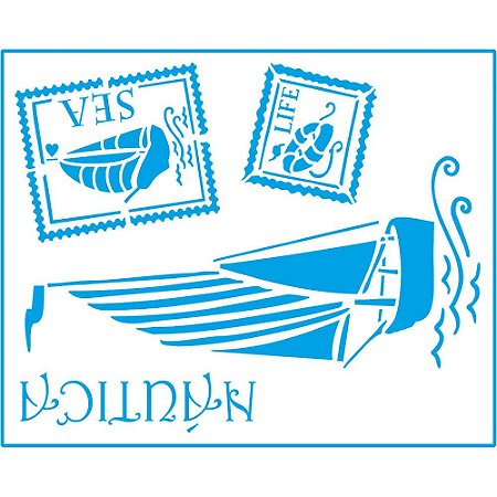 STR-078 - STENCIL - NÁUTICO: BARCO A VELA E SELOS