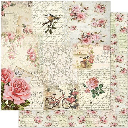 SD-0956 - PAPEL PARA SCRAPBOOK DUPLA FACE- ROSAS, PÁSSARO E BICICLETA