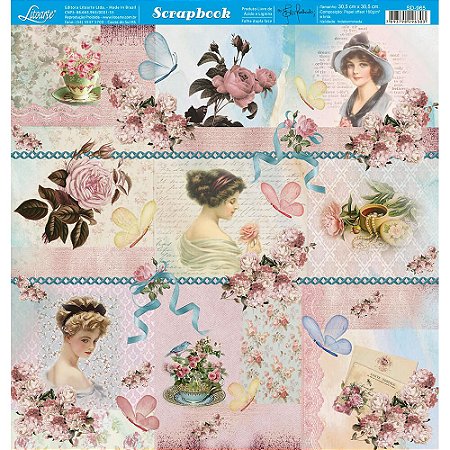SD-0965 - PAPEL PARA SCRAPBOOK DUPLA FACE - DAMAS, JOIAS E FLORES