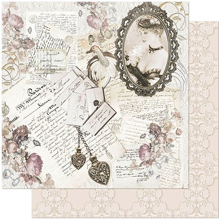 SD-0972 - PAPEL PARA SCRAPBOOK DUPLA FACE - DAMA NA MOLDURA E CARTAS
