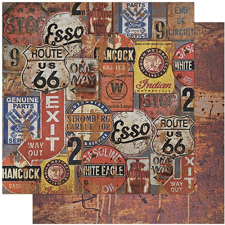 SD-1111 - SCRAP DUPLA FACE - RUSTICO, CARROS, PLACAS, ESSO, ROUTE 66,