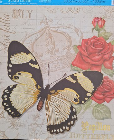 Papel Scrapbook Hot Stamping Litoarte SEH-007 30,5 x30,5cm Borboleta