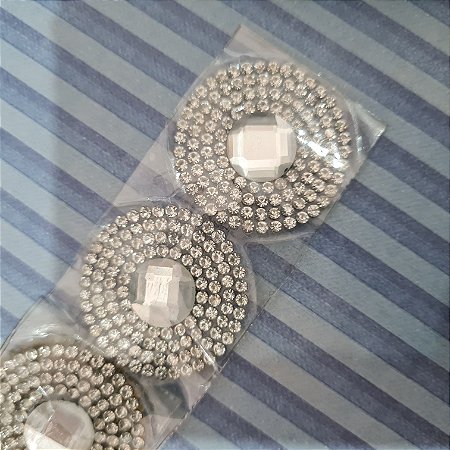 Cartela com 4 Adesivos Redondo com Pedraria e strass - 3,0cm Branco/Prata