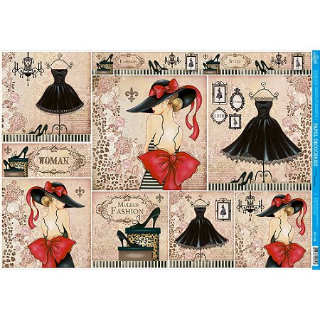PD-0128 - PAPEL PARA DECOUPAGE - MULHER FASHION, VESTIDO
