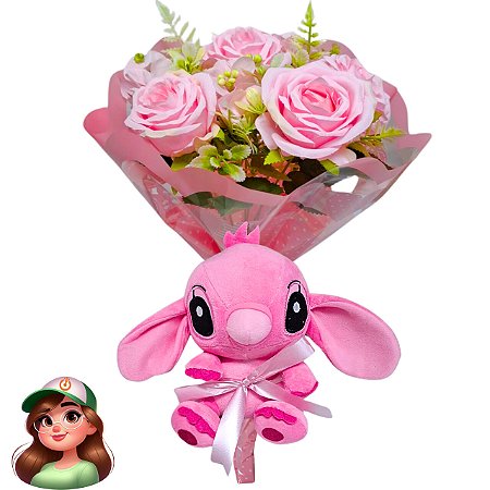 Buquê Rosado (artificial) e Pelúcia Angel