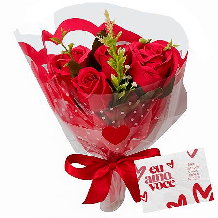 Buquê de Rosas Vermelhas (Artificial) e Cartão de Amor