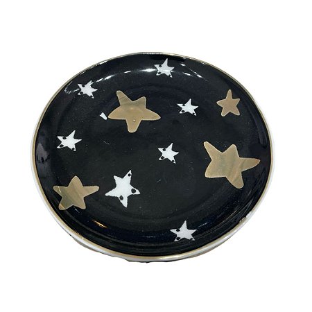 PRATO EM CERAMICA PRETO BRANCO E DOURADO ESTRELAS