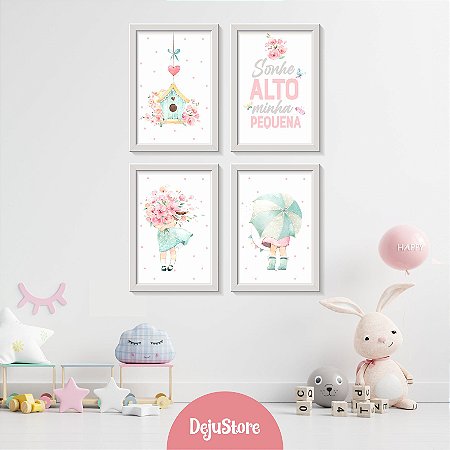 Kit Quadros: Menina Flores Jardim Aquarela