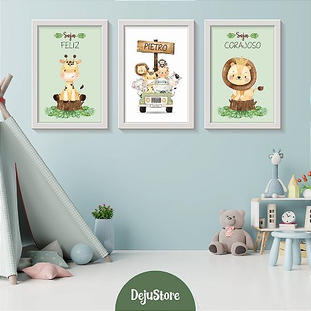Kit Quadros: Safari 6 Aquarela (Girafa, Jeep, Leão)