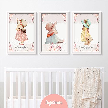 Kit Quadros: Menina com Chapéu Florido