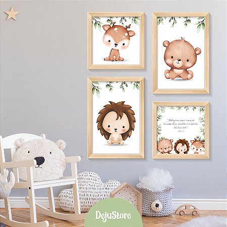 Kit Quadros: Baby Animais Floresta em Aquarela (Urso, Leão e Corsa)