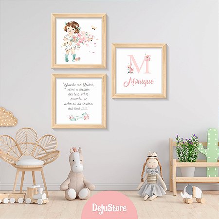 Kit Quadros: Menina Buquê de Flores em Aquarela