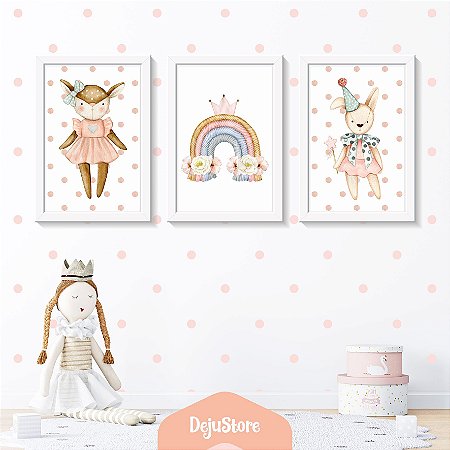Kit Quadros: Boneca Ursinha Arco-Íris em Aquarela