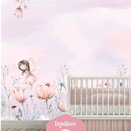 Papel de Parede Floral Rosa com Fadinhas
