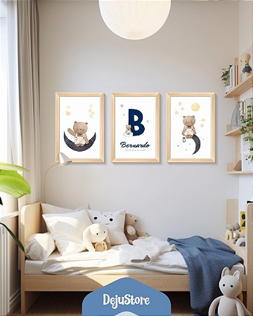 Kit Quadros: Ursinho nas Nuvens, Estrelas e Lua