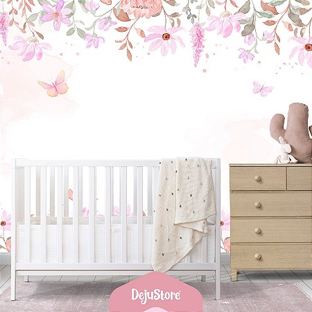 Papel de Parede Floral Rosa com Borboletas