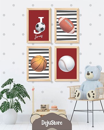 Kit Quadros: Esporte Futebol, Basquetebol, Beisebol com Nome