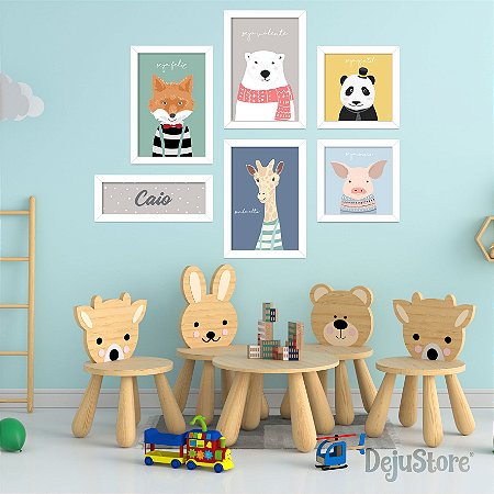 Kit Quadros: Animais (Urso Panda, Urso Polar, Giraffa, Raposa e Porquinho)