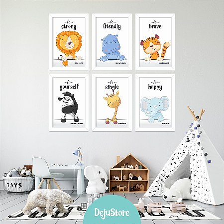 Kit Quadros: Safari 3 Aquarela (Leão, Hipopótamo, Tigre, Zebra, Girafa, Elefante)