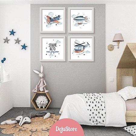 Kit Quadros: Avião, Balão, Helicóptero em Aquarela