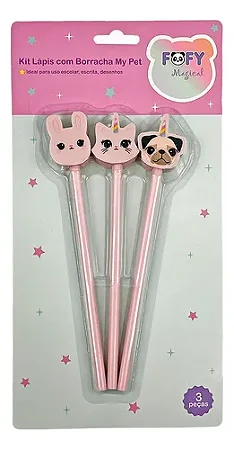 Kit Lápis Preto Com Borracha Fofa My Pet Fofy 3 Unidades Lápis Preto
