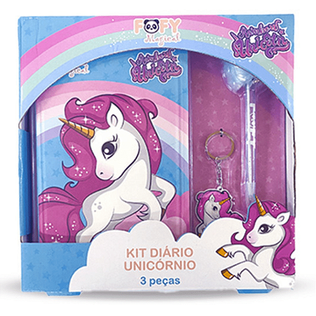 KIT DIÁRIO UNICÓRNIO 3 PEÇAS COM CANETA E CHAVEIRO - FOFY