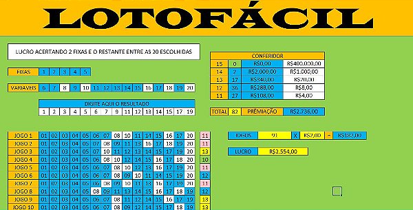 Planilha Lotofácil 20 dezenas com 6 fixas - Garantia de 14 pontos - 69 Jogos  - Lotocerta