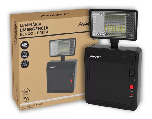Luminária de Emergência Bloco 2w 300LM 1 Farol PT AVANT