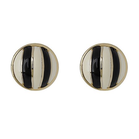 BRINCO BOTÃO REDONDO ESMALTADO MARFIM E PRETO DOURADO COLEÇÃO LE BRONSTEIN NÁDIA GIMENES