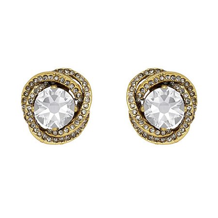 BRINCO BOTÃO CRISTAL REDONDO E STRASS - DOURADO