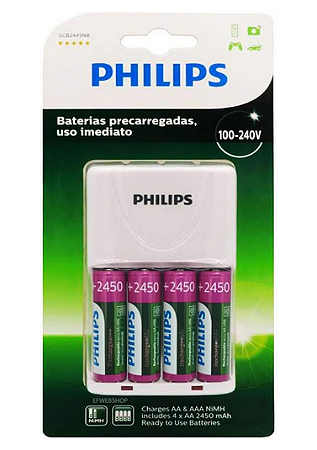 Carregador de Pilhas Philips com 4 Pilhas AA Recarregáveis 2450mAh SCB2445NB Bivolt Branco