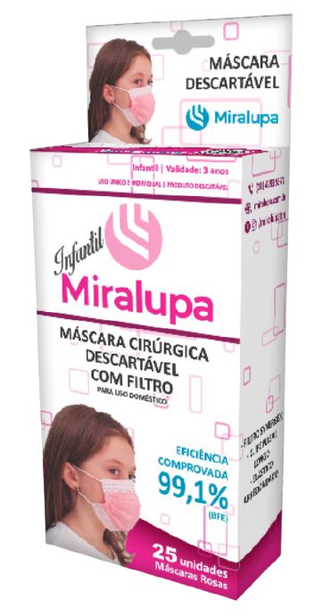 Máscara Infantil Descartável C/ Filtro ROSA - 99% Prot Bacteriana - 25UN - MIRALUPA