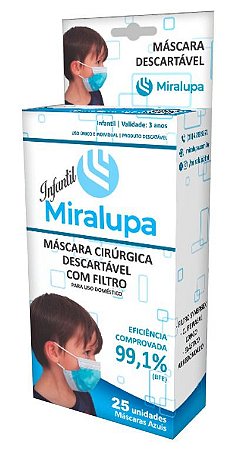 Máscara Infantil Descartável C/ Filtro AZUL - 99% Prot Bacteriana - 25UN - MIRALUPA