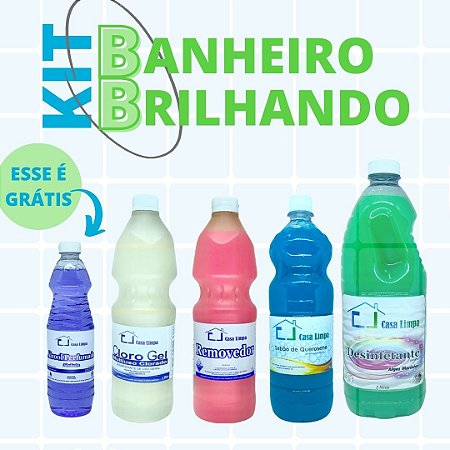 KIT BANHEIRO BRILHANDO - CLORO GEL 1L + SABAO QUEROSENE 1L + DESINFETANTE 2L+ REMOVEDOR ROSA 1L+ BRINDE ALCOOL 500ML