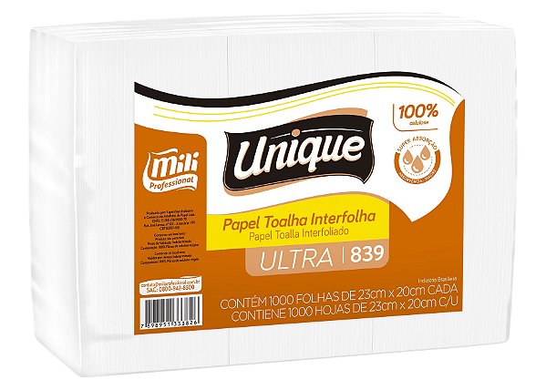 PAPEL TOALHA INTERFOLHA ULTRA UNIQUE MILI 24GR 1000 FOLHAS 23X20CM