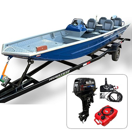 Barco Tornado 550 BASS SD com Suzuki 30 HP 2T partida elétrica e comando original preço PJ + Carreta Rod. + Acessórios de navegação montados - Pronta Entrega