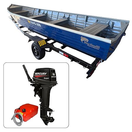 Barco de alumínio Martinelli King 600 + Mercury 15 HP Super + carreta Rodoviária - Preço do motor para PJ ou Produtor Rural