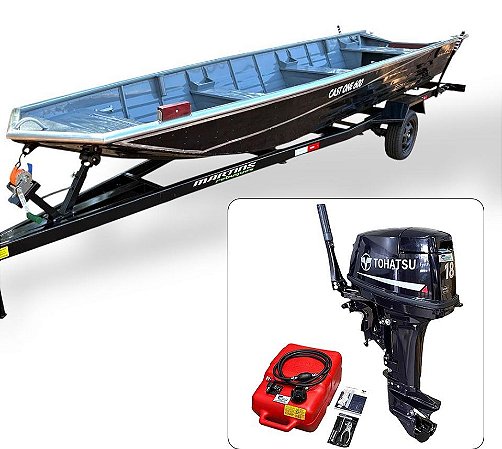 Barco de alumínio Cast One 500 + Motor de popa Tohatsu 18 HP 2T Manche + Carreta Rodoviária
