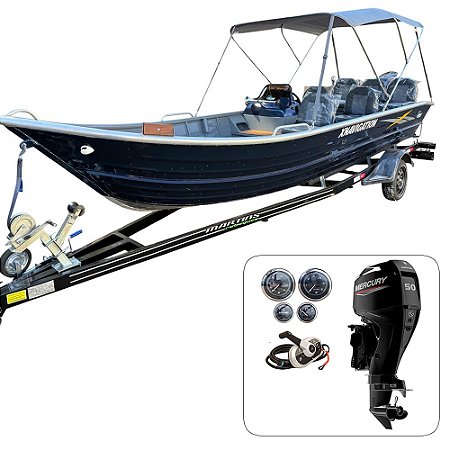 Barco Martinelli XNavigation 6.0 com Mercury 50 HP ELPT 4T c/ Power Trim Fat. PJ + carreta rodoviária + acessórios de navegação