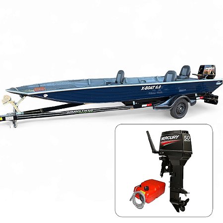 Barco de alumínio Martinelli X-Boat 6.0 Soldado + Mercury 50 HP 2T Partida Elétrica e Manche + Carreta rodoviária - Preço do motor pera PJ ou Produtor Rural