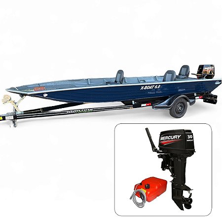Barco de alumínio Martinelli X-Boat 6.0 Soldado + Mercury 30 HP 2T Partida Elétrica e Manche + Carreta rodoviária - Preço do motor pera PJ ou Produtor Rural