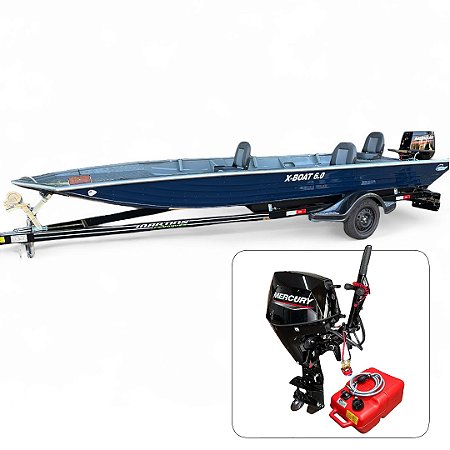 Barco de alumínio Martinelli X-Boat 6.0 Soldado + Mercury 30 HP 4 Tempos Partida Elétrica e Manche + Carreta rodoviária - Preço do motor pera PJ ou Produtor Rural
