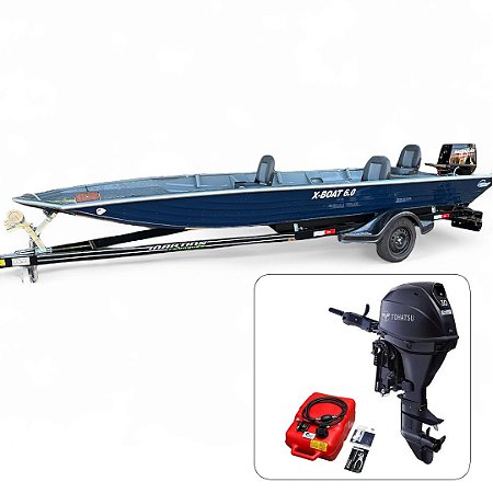 Barco de alumínio Martinelli X-Boat 6.0 Soldado + Tohatsu 30 HP 4 Tempos Partida Elétrica e Manche + Carreta rodoviária - Preço do motor para PJ e Produtor Rural