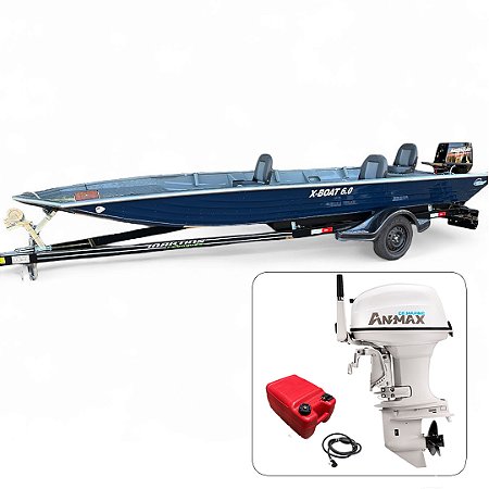 Barco de alumínio Martinelli X-Boat 6.0 Soldado + Anmax 40 HP 2T Partida Elétrica e Manche + Carreta rodoviária - Preço do motor para PJ ou Produtor Rural